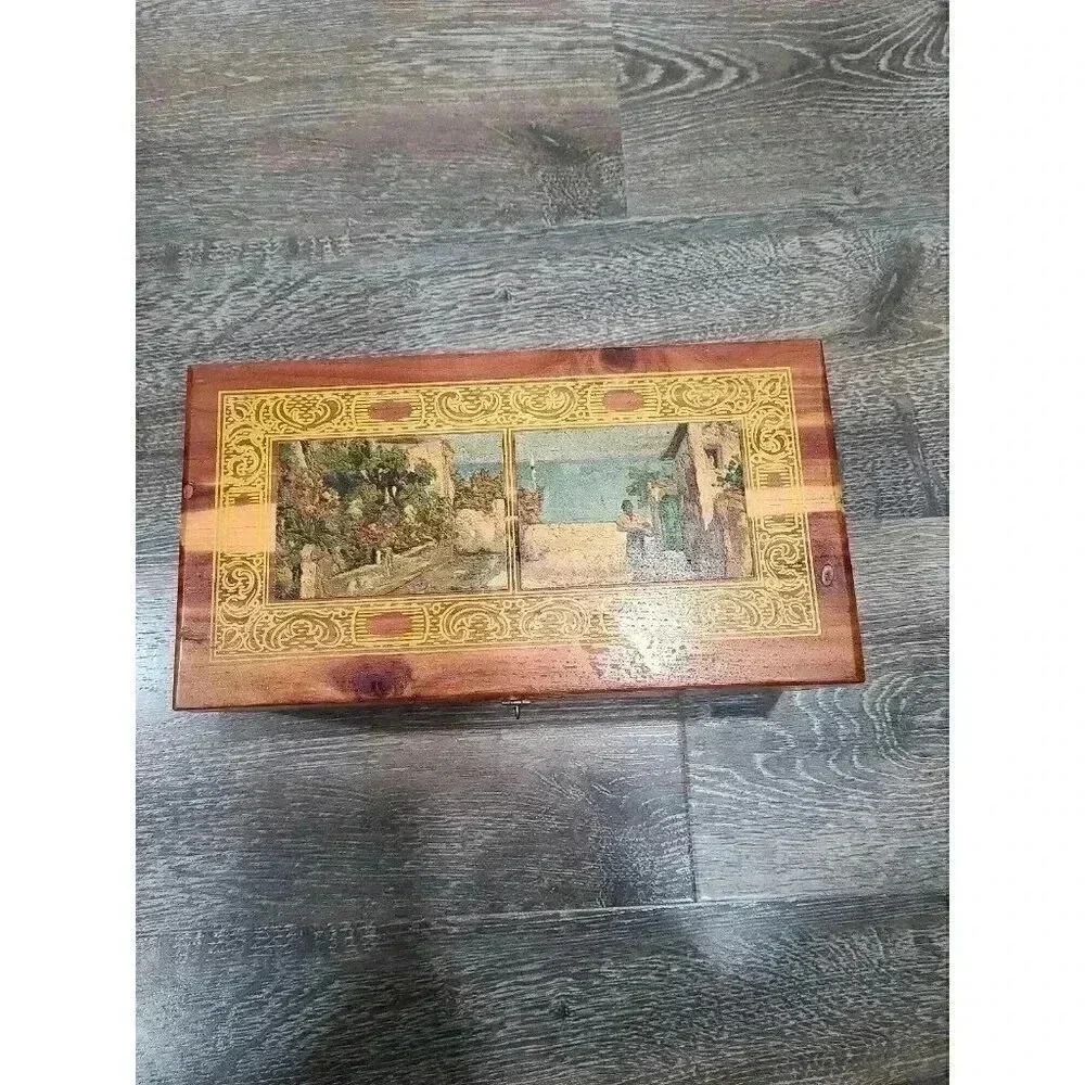 Vintage Wood Keepsake Chest Mediterranean Landscape Gold Scroll Jewelry Box